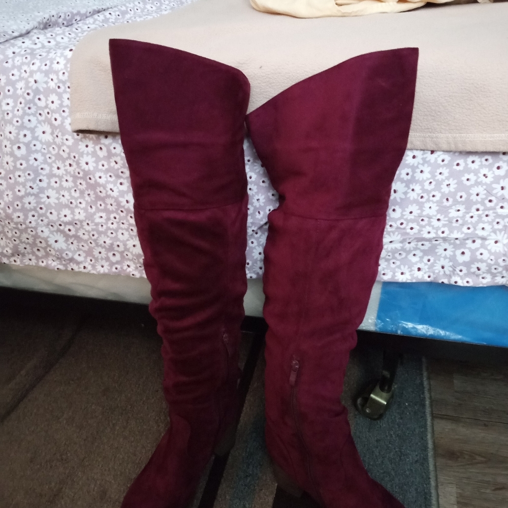 Burgundy knee high suede boots
